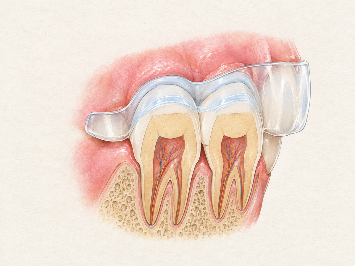 Cross-section of upper front teeth with a clear whitening tray in place, showing a thin line of gel only on the enamel and a protective barrier along the gumline to show safe at-home whitening.