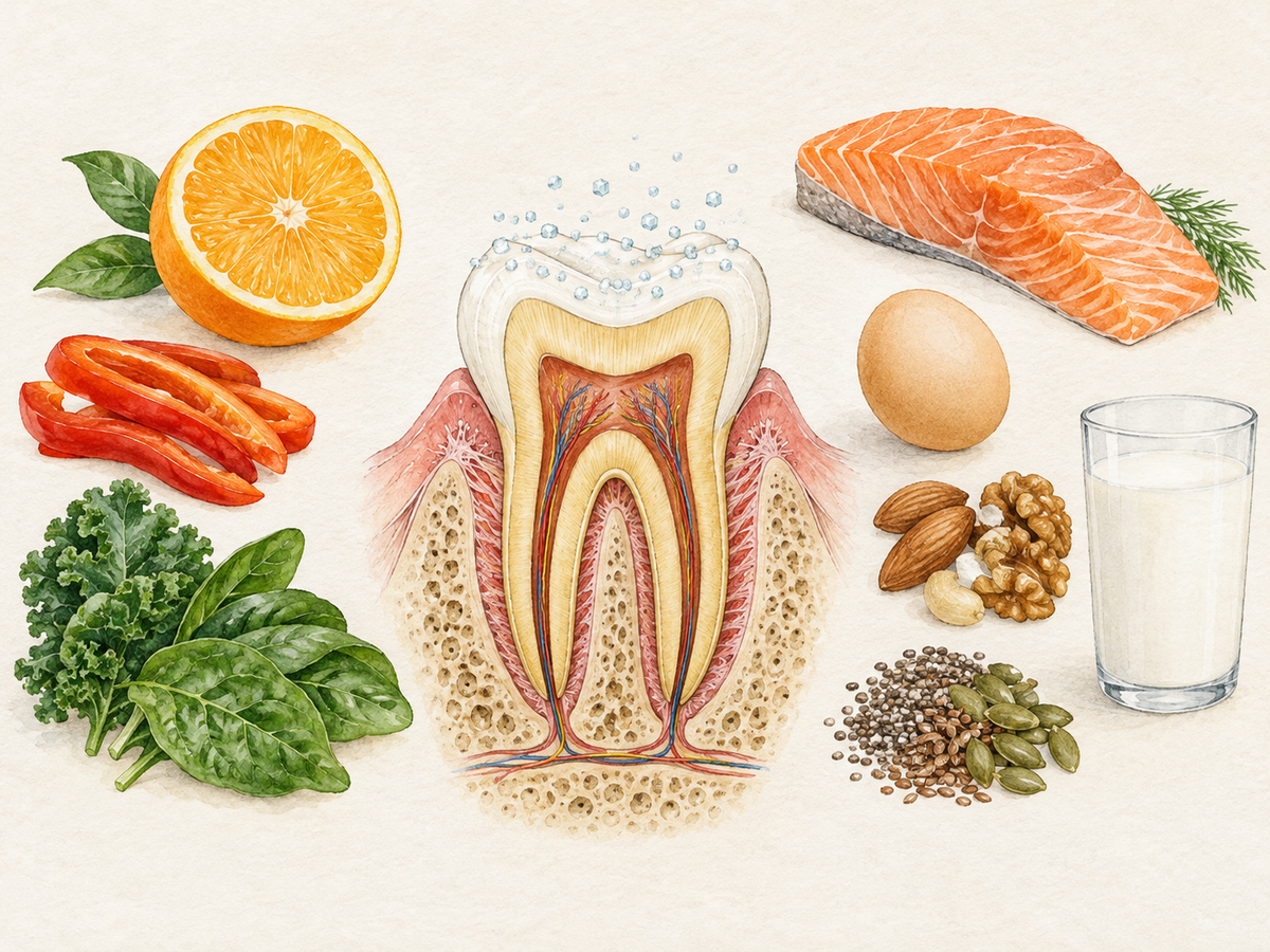 A cross-section of a healthy tooth, gum, and jawbone surrounded by whole foods such as orange, salmon, leafy greens, egg, nuts, and milk, representing nutrient sources that support enamel, gum collagen, and bone.