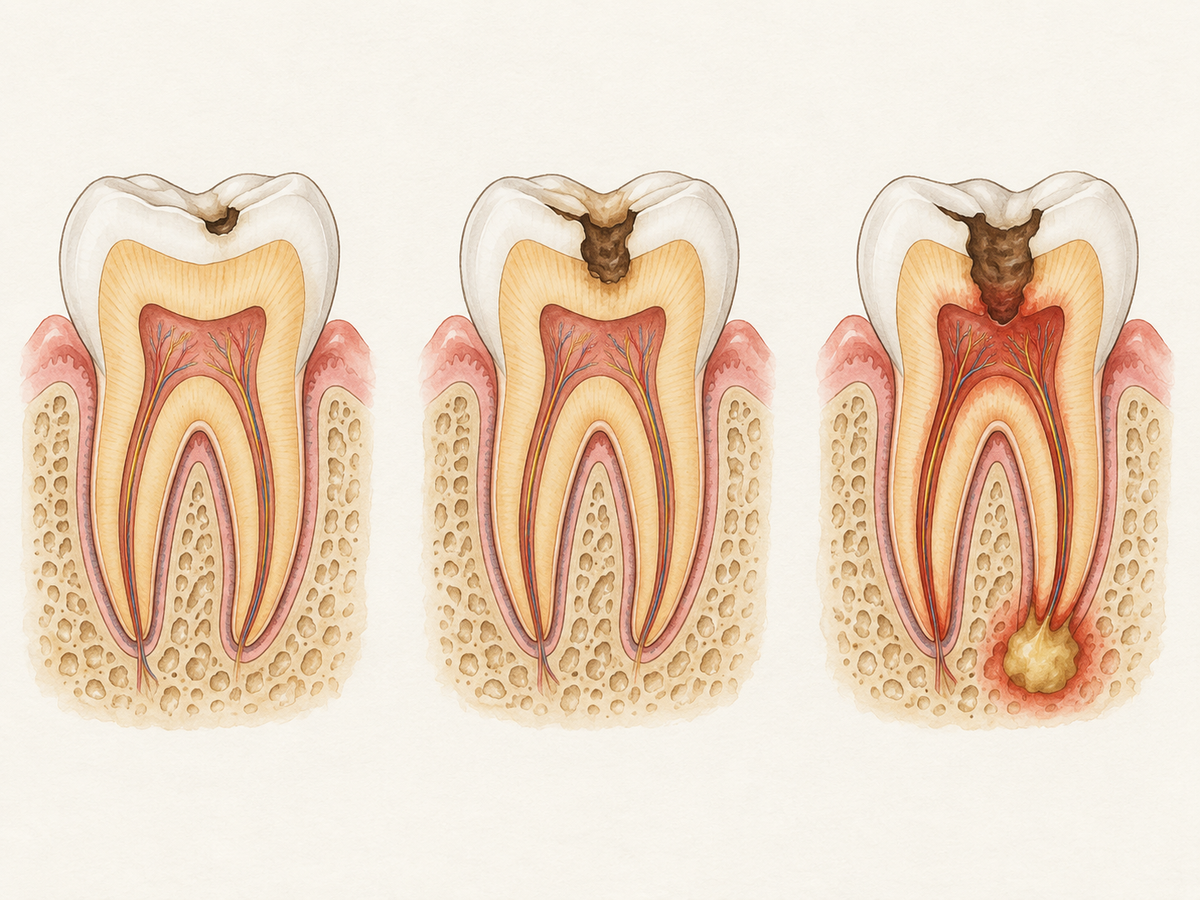 Three cross-sections of molars show tooth decay progressing from a small enamel cavity to dentin involvement to advanced pulp infection with an abscess at the root, surrounded by gum and bone.